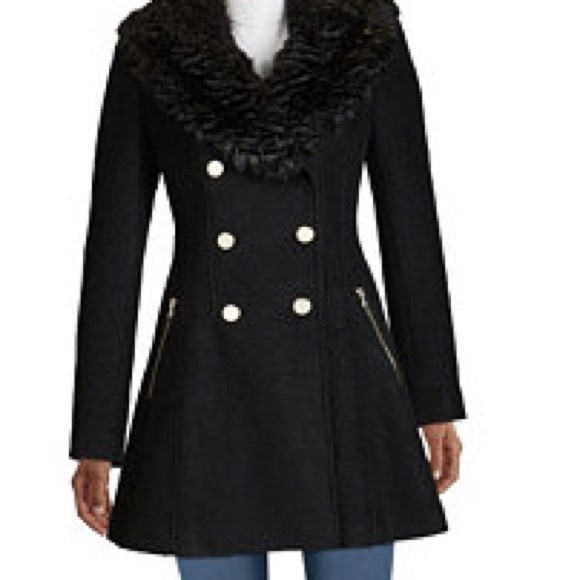 Guess Jackets & Blazers - Guess Black Double-Breasted Pea Coat with Faux Fur Collar
